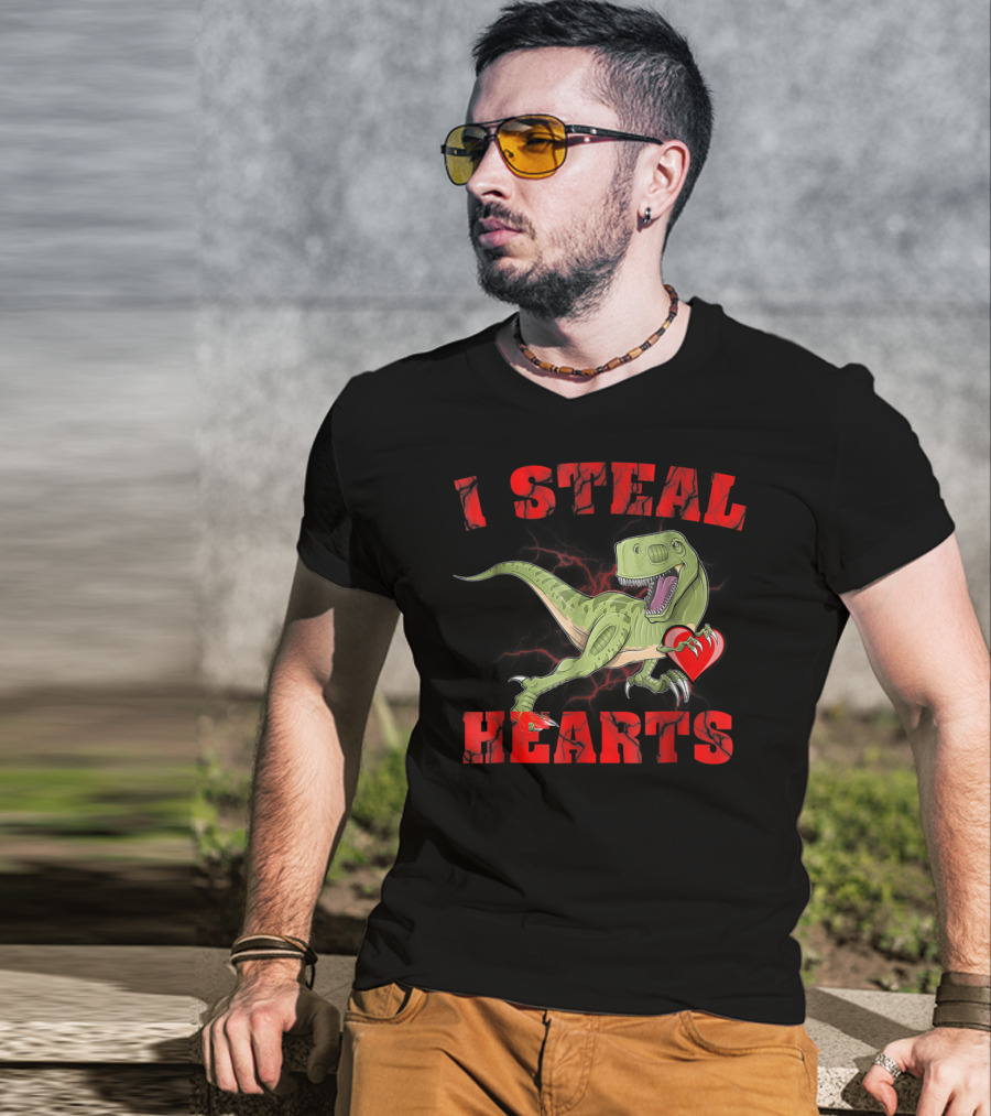 I Steal Hearts Valentine's Day Dinosaur Rex E2 Funny T-Rex Holding Heart T-Shirt