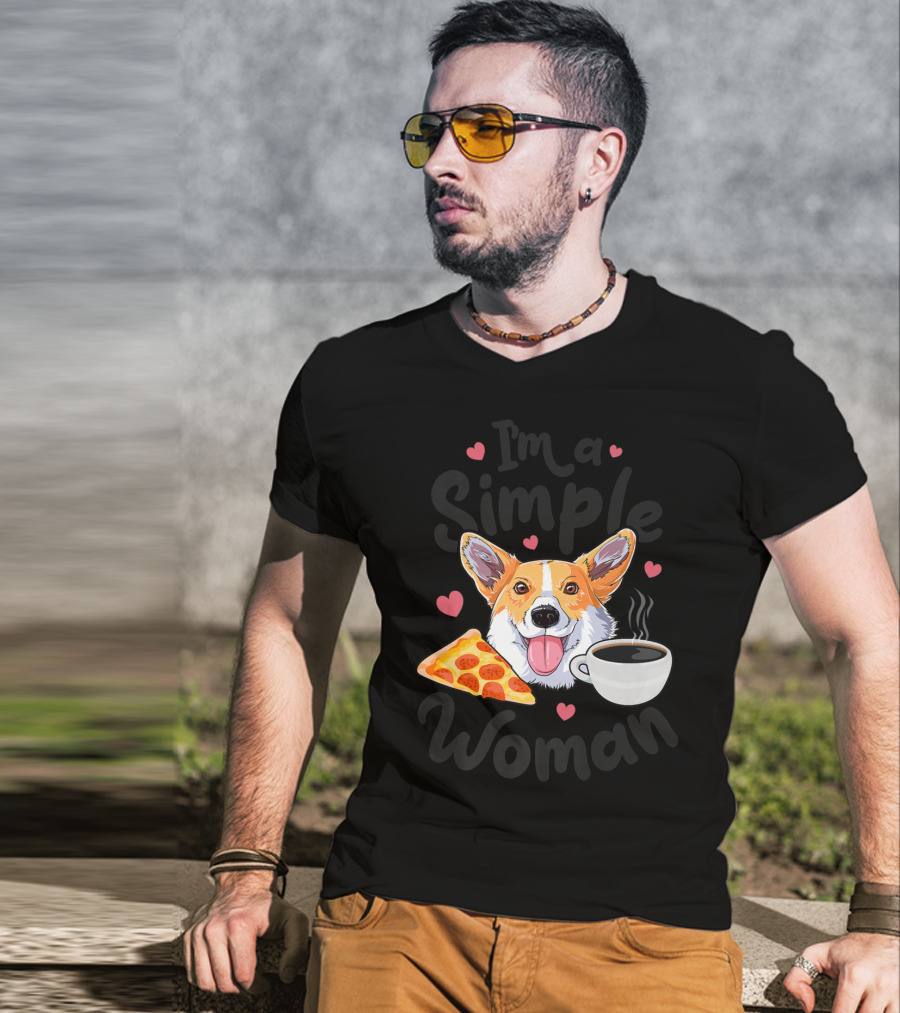 I'm A Simple Woman Corgi Dog Coffee Pizza Hearts T-Shirt
