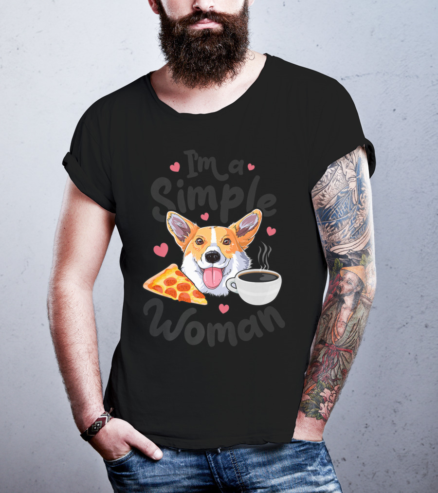I'm A Simple Woman Corgi Dog Coffee Pizza Hearts T-Shirt