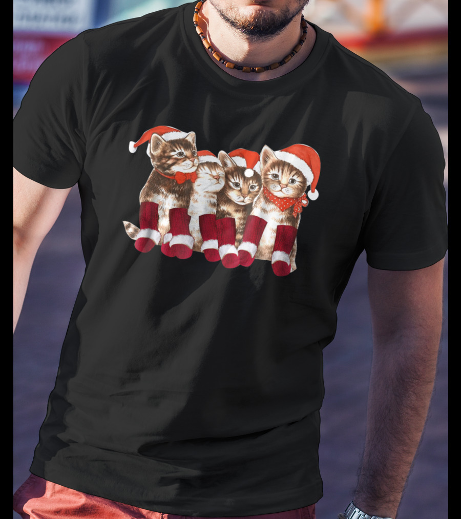 Kittens With Santa Hats Funny Christmas Cat Stockings T-Shirt