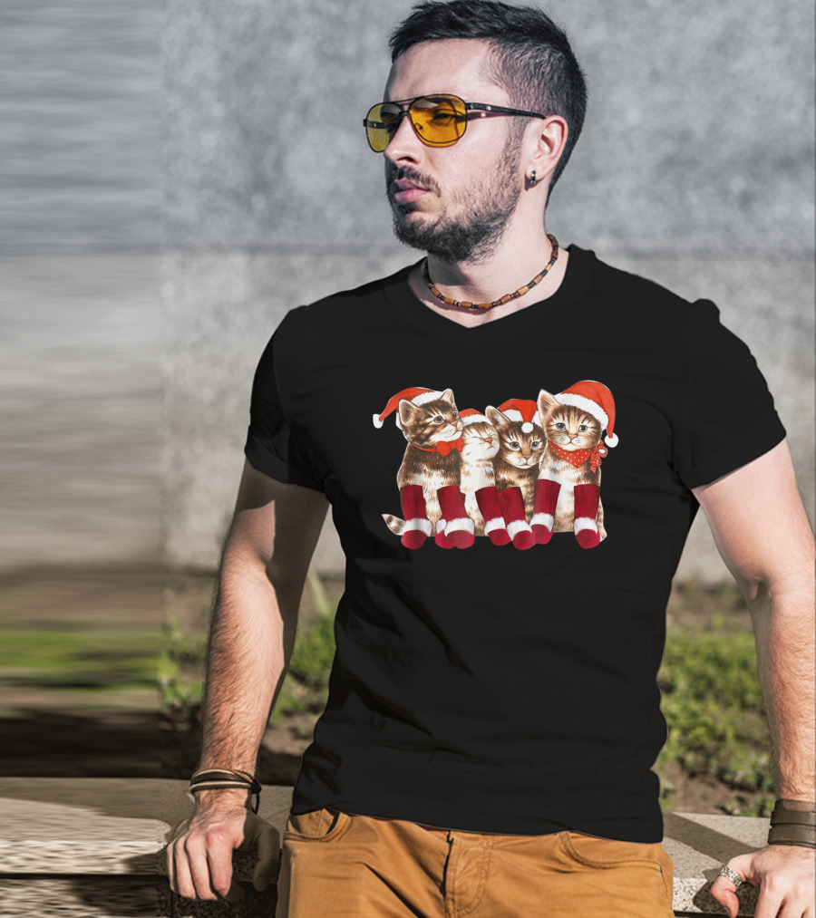 Kittens With Santa Hats Funny Christmas Cat Stockings T-Shirt