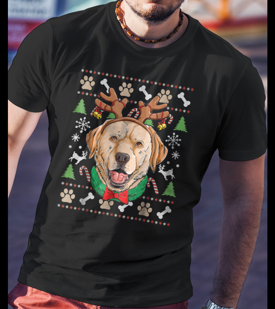 Labrador Reindeer Antlers Ugly Christmas Dog With Candy Canes And Paw Prints T-Shirt
