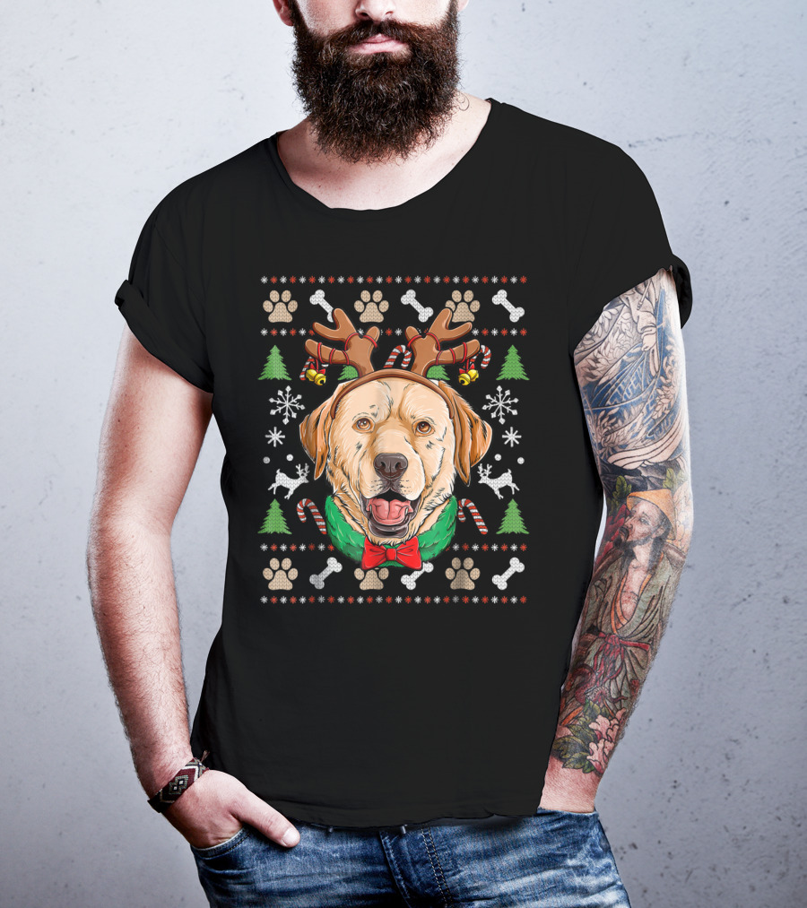 Labrador Reindeer Antlers Ugly Christmas Dog With Candy Canes And Paw Prints T-Shirt