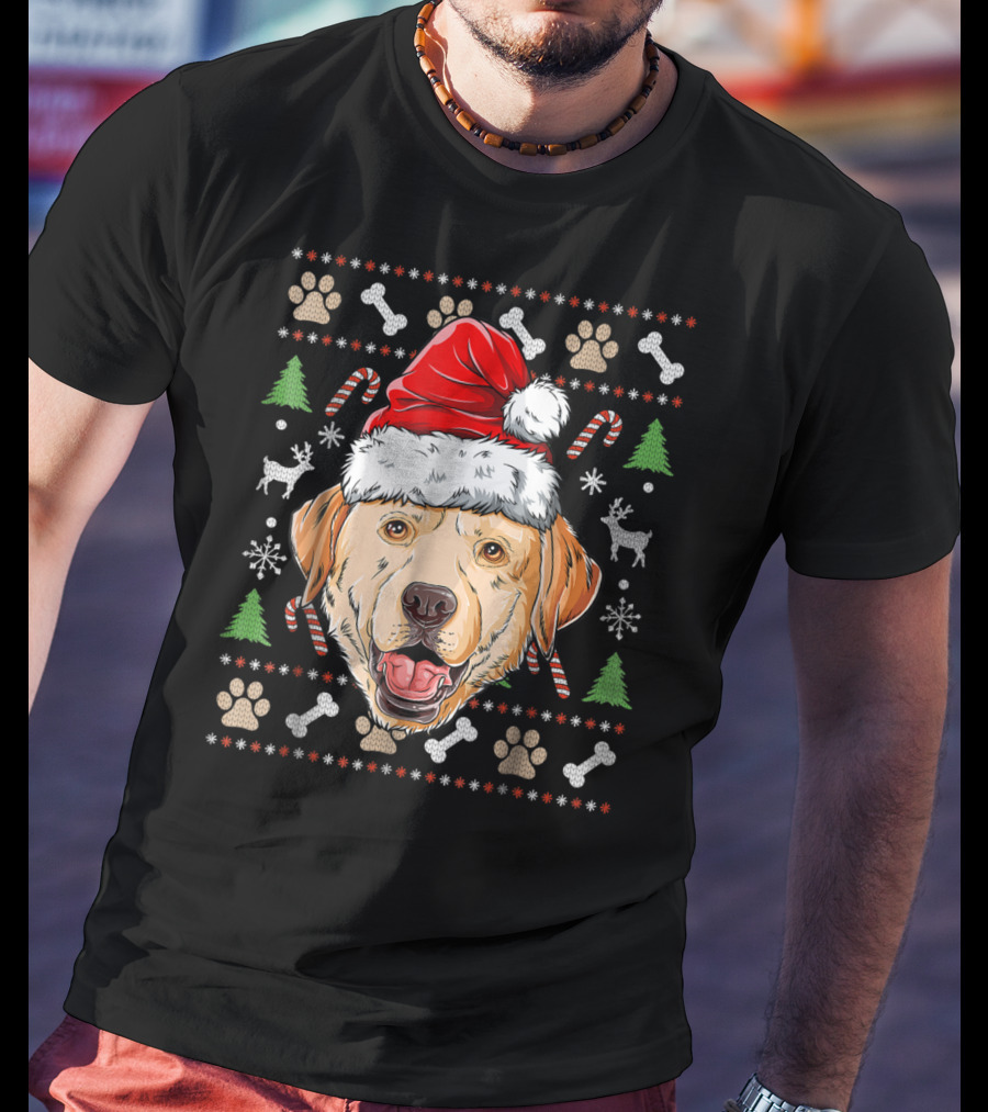 Labrador Ugly Christmas Sweater Santa Hat Xmas Dog Candy Cane Paw Print Snowflake T-Shirt