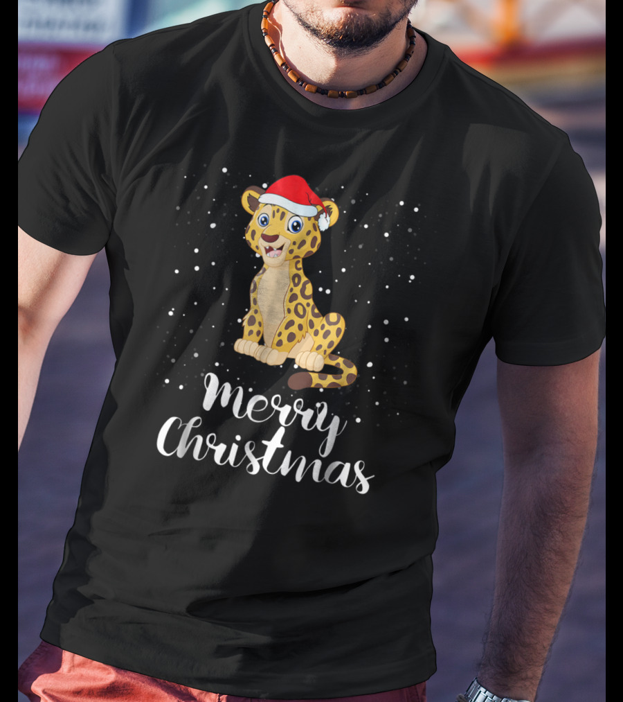 Merry Christmas Leopard Santa Hat Matching Family Group T-Shirt