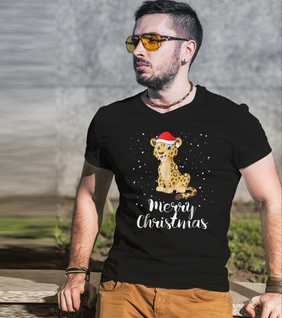Merry Christmas Leopard Santa Hat Matching Family Group T-Shirt