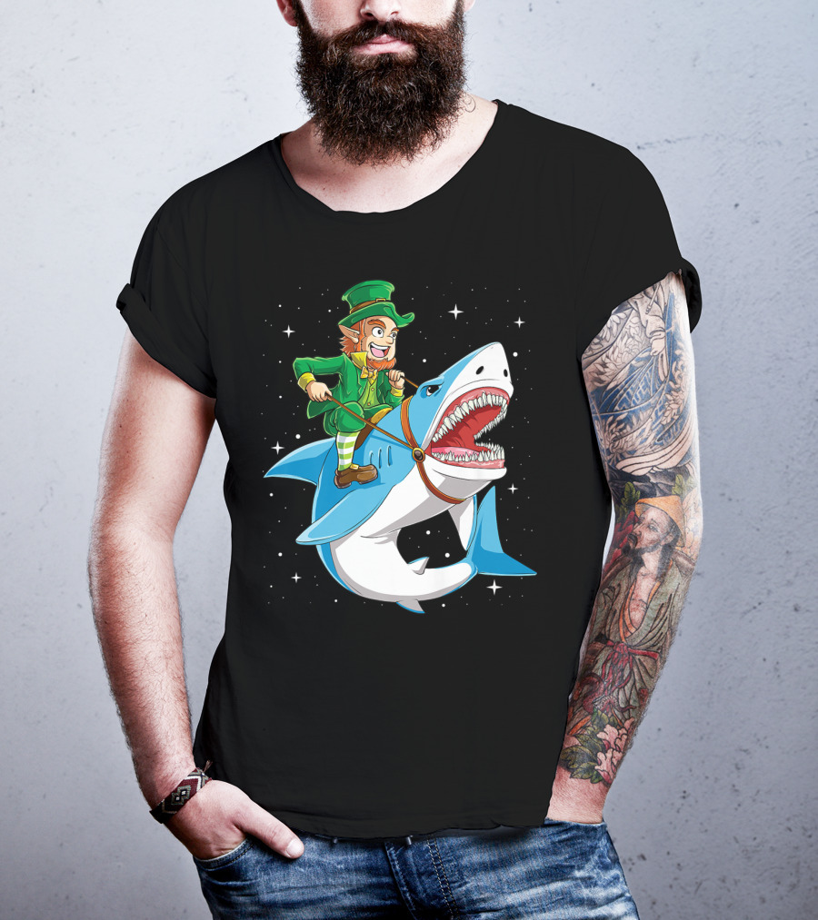Leprechaun Riding Shark Happy St Patricks Day Fun Boys Adventure T-Shirt