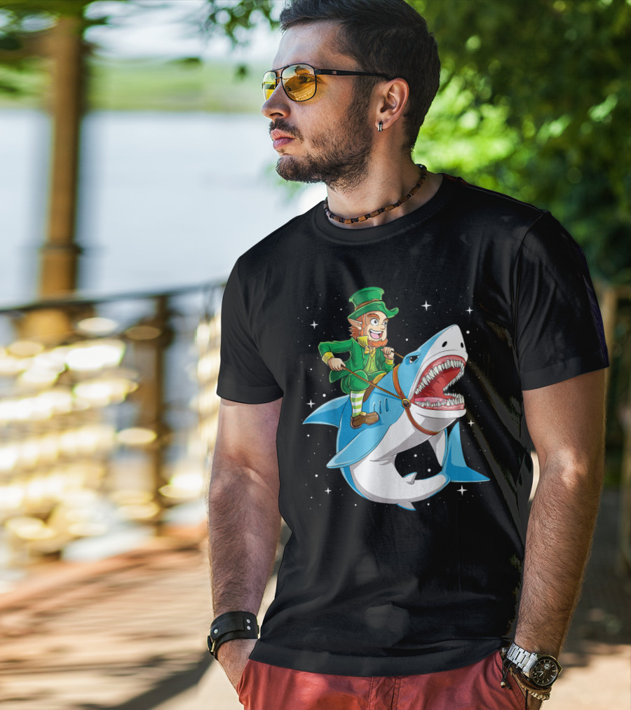 Leprechaun On Great White Shark With Starry Background T-Shirt