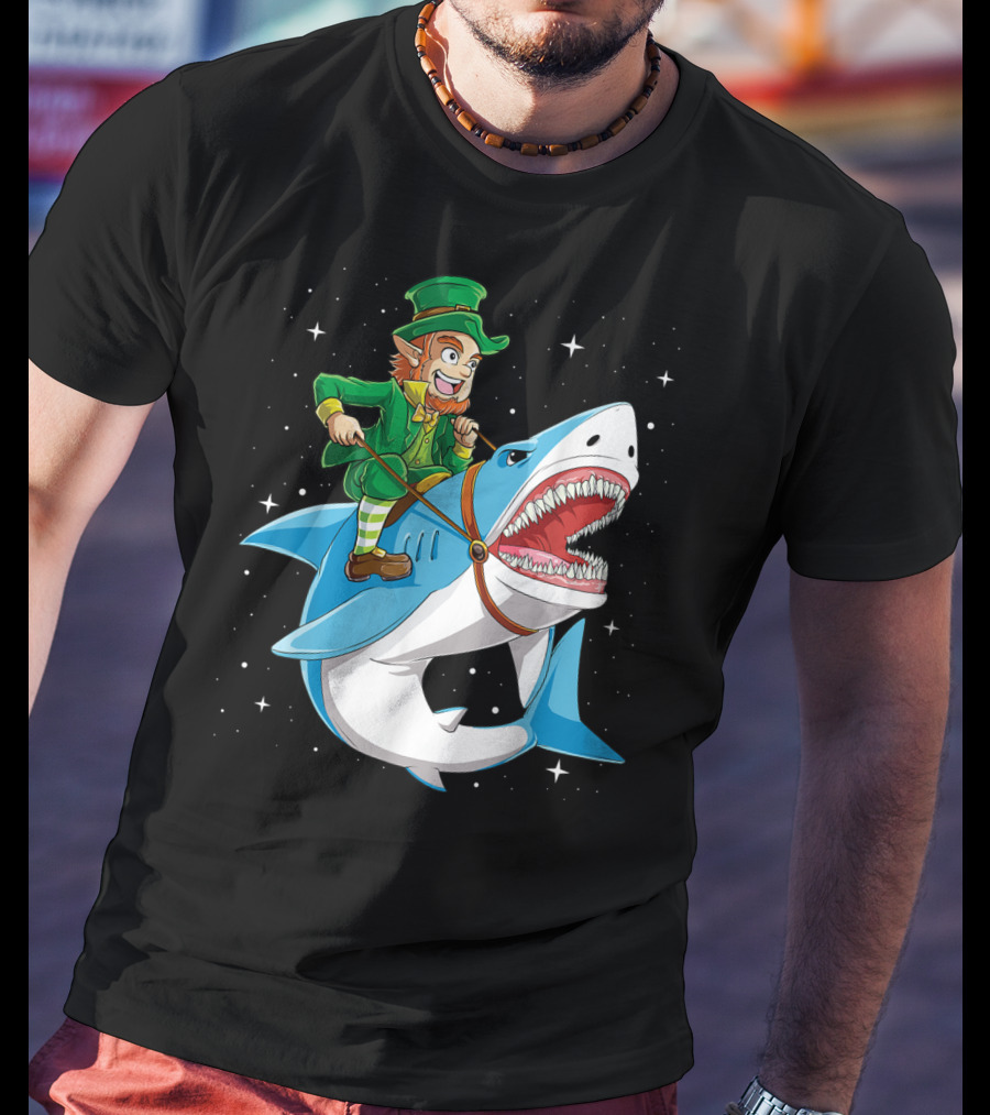 Leprechaun On Great White Shark With Starry Background T-Shirt