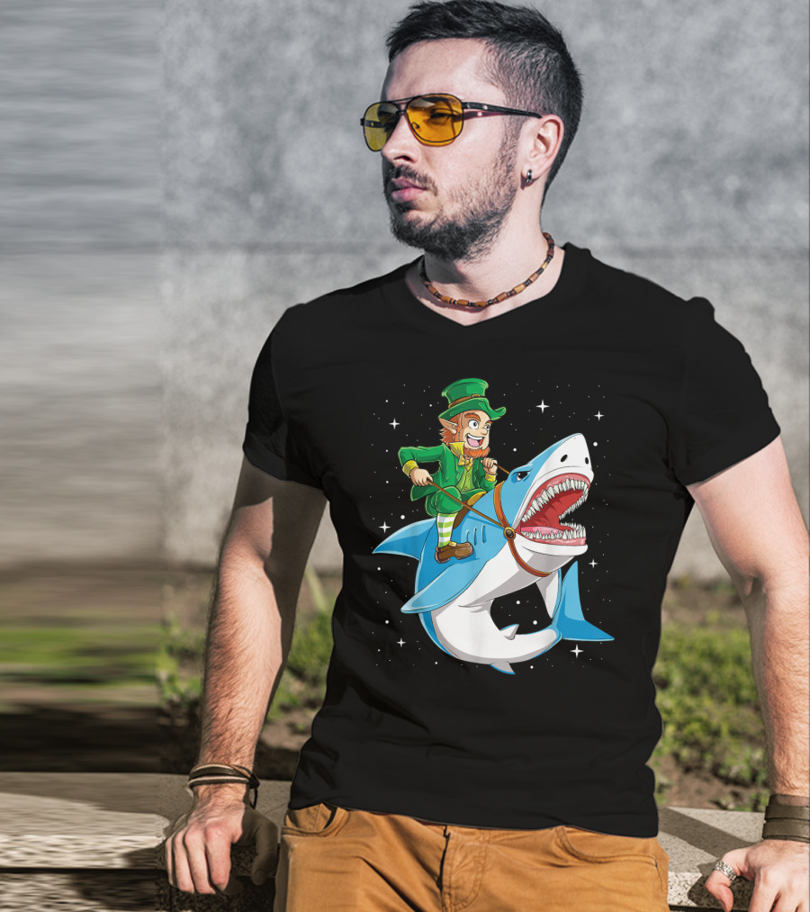 Leprechaun On Great White Shark With Starry Background T-Shirt