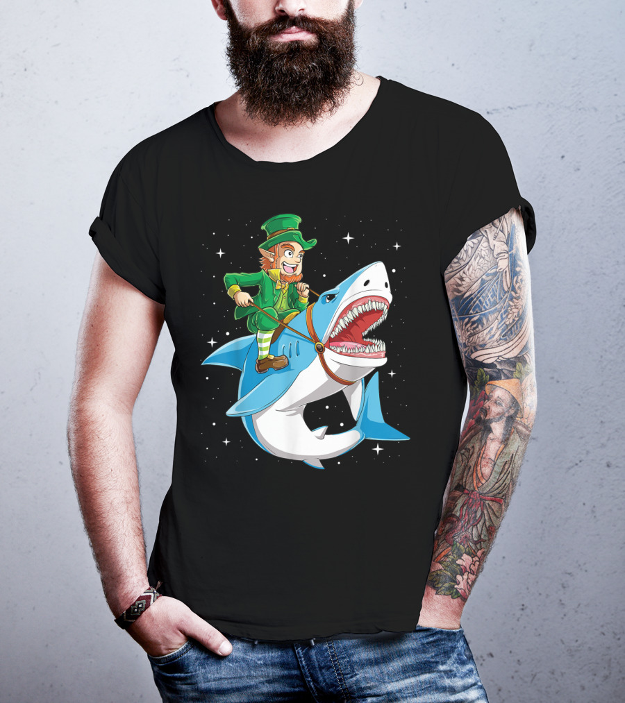 Leprechaun On Great White Shark With Starry Background T-Shirt