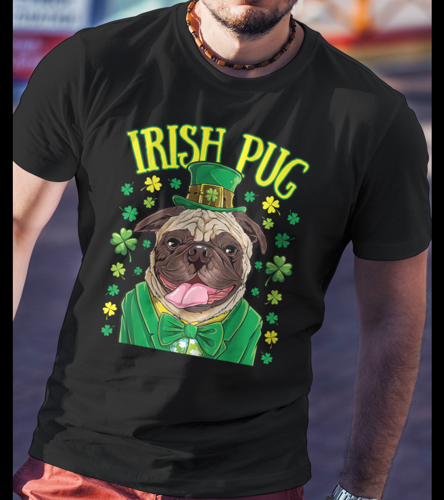 Irish Pug Leprechaun St Patricks Day Boys Dog Shamrock Hat Bow Tie T-Shirt
