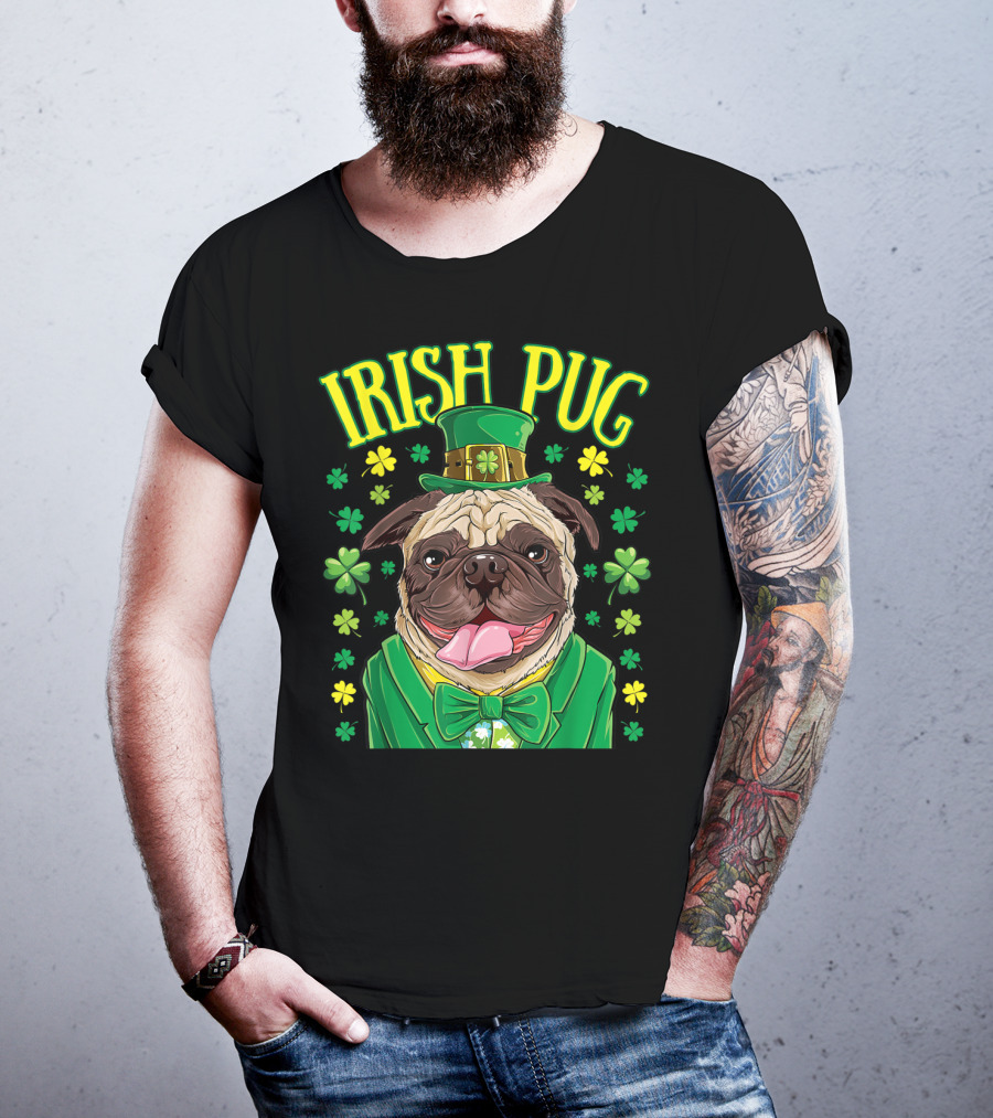 Irish Pug Leprechaun St Patricks Day Boys Dog Shamrock Hat Bow Tie T-Shirt