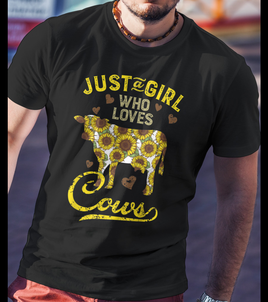 Just A Girl Who Loves Cows Sunflower Farm Sunflower Patterned Cow With Hearts T-Shirt