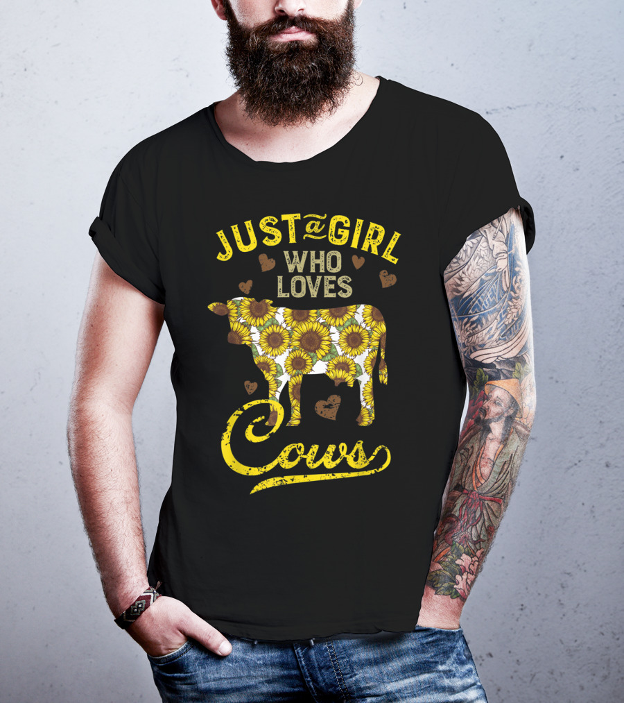 Just A Girl Who Loves Cows Sunflower Farm Sunflower Patterned Cow With Hearts T-Shirt