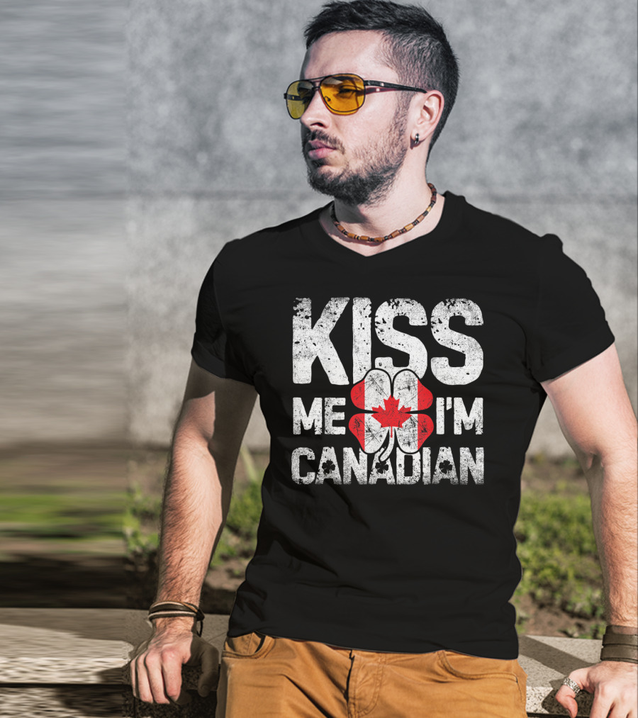 Kiss Me I'm Canadian St Patricks Day Shamrock Maple Leaf T-Shirt
