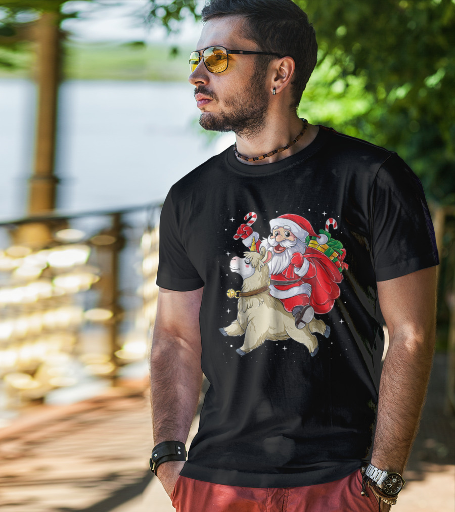Santa Claus Riding Llamacorn Unicorn With Candy Canes And Gifts T-Shirt