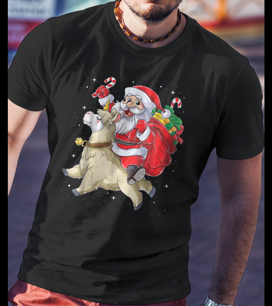 Santa Claus Riding Llamacorn Unicorn With Candy Canes And Gifts T-Shirt