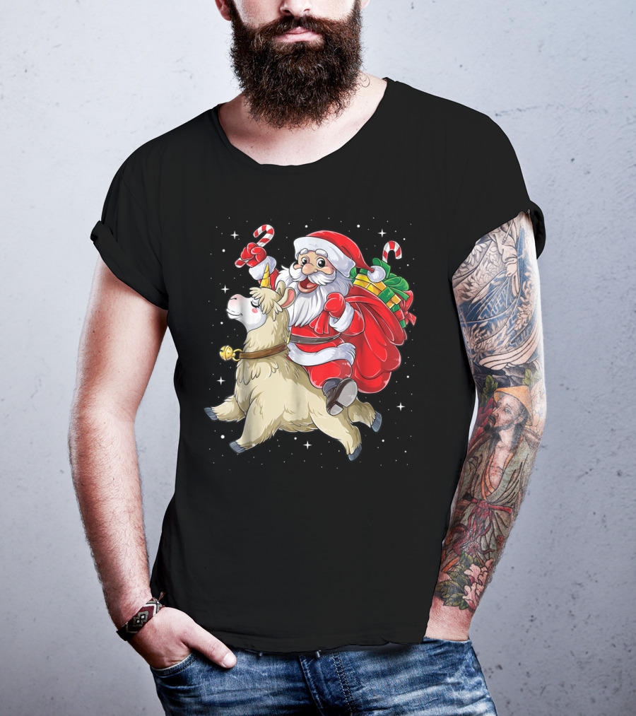 Santa Claus Riding Llamacorn Unicorn With Candy Canes And Gifts T-Shirt
