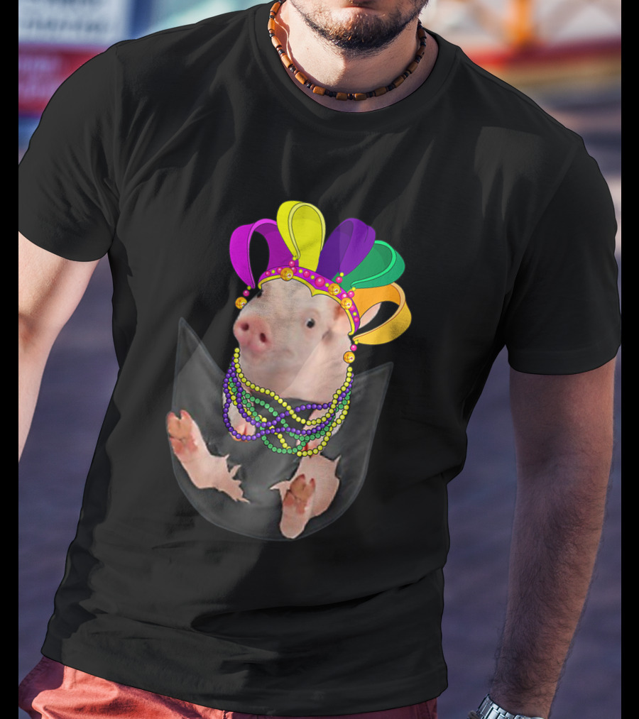 Mardi Gras Pig In Your Pocket With Colorful Beads And Jester Hat Farm Animal T-Shirt