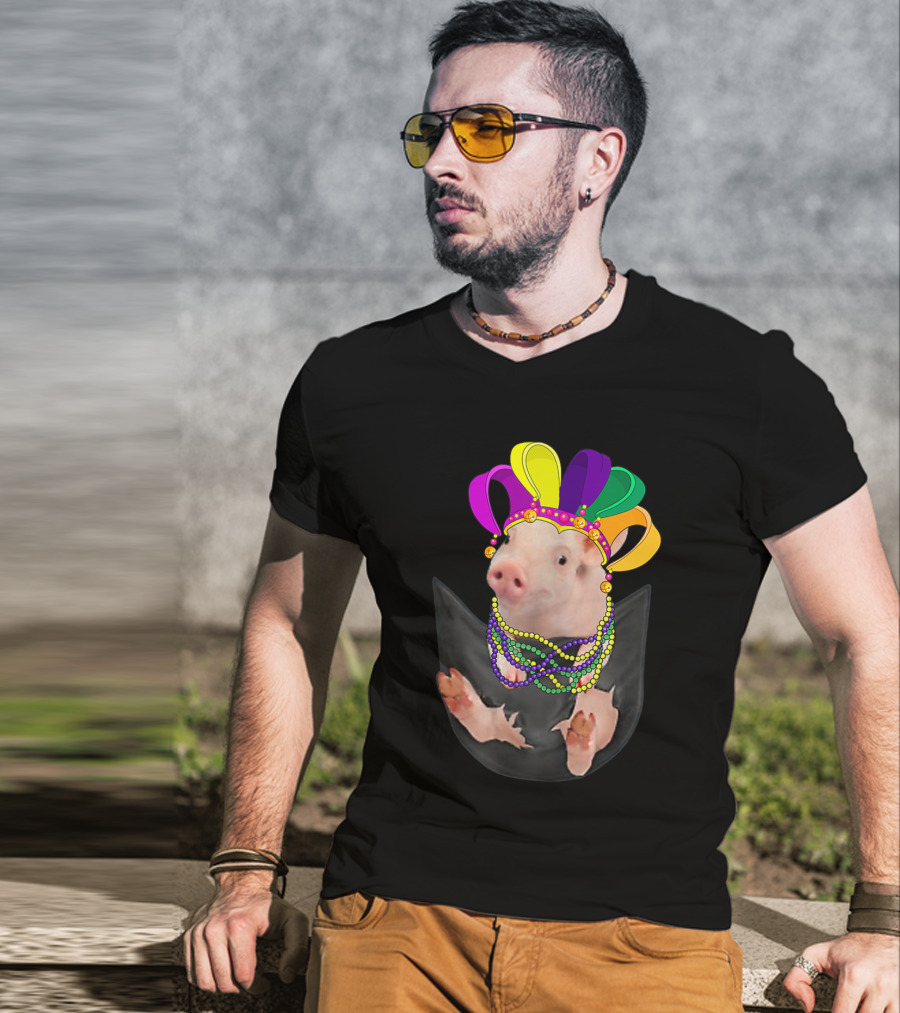 Mardi Gras Pig In Your Pocket With Colorful Beads And Jester Hat Farm Animal T-Shirt