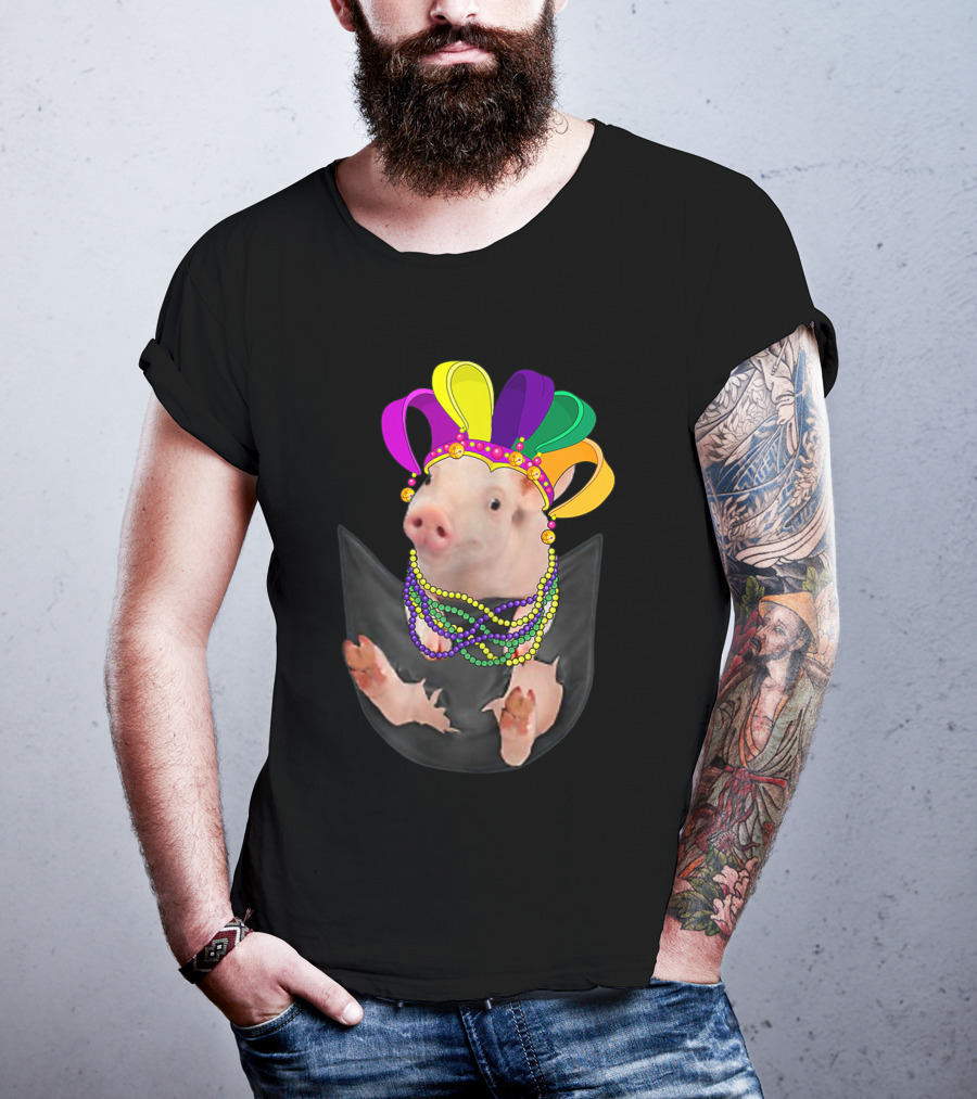 Mardi Gras Pig In Your Pocket With Colorful Beads And Jester Hat Farm Animal T-Shirt
