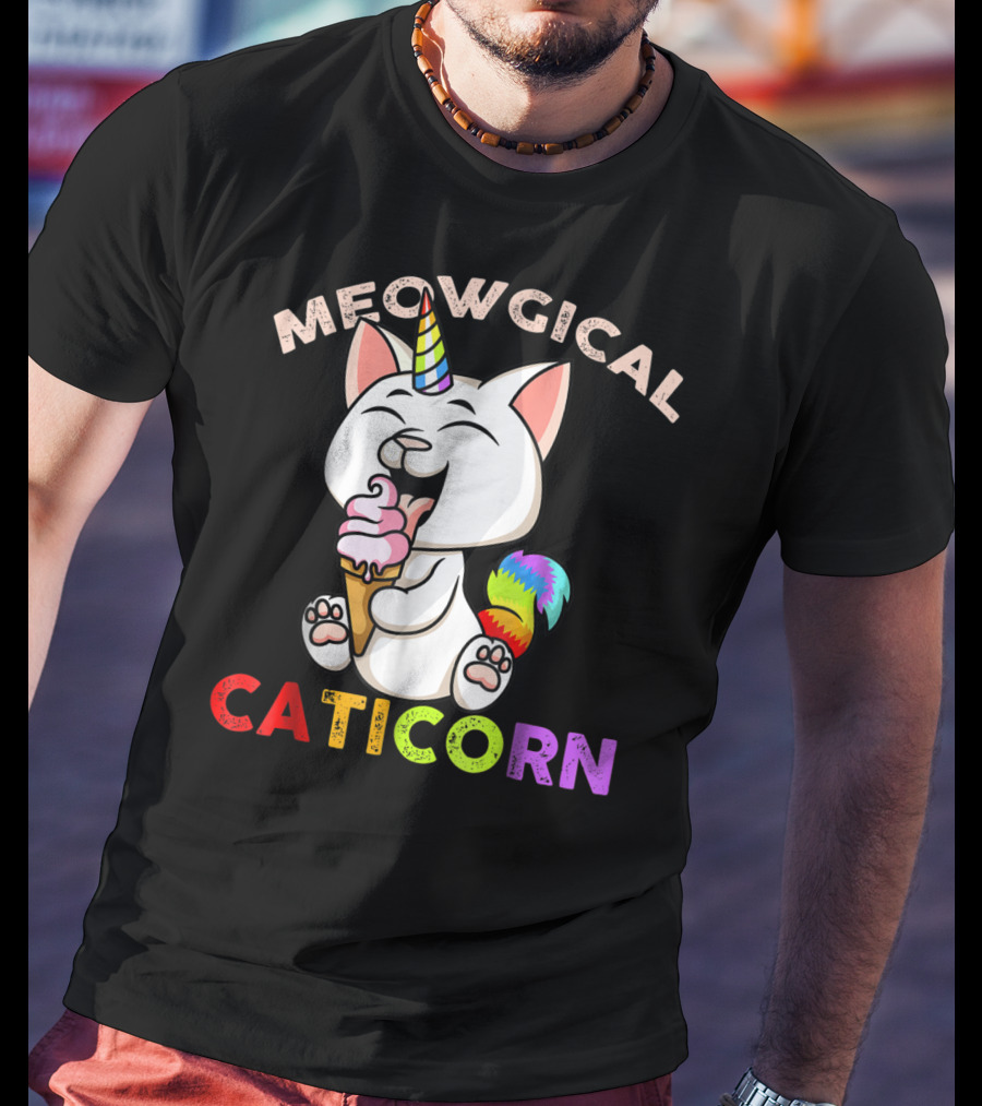 Meowgical Caticorn Rainbow Cat Unicorn Eating Ice Cream Cone T-Shirt