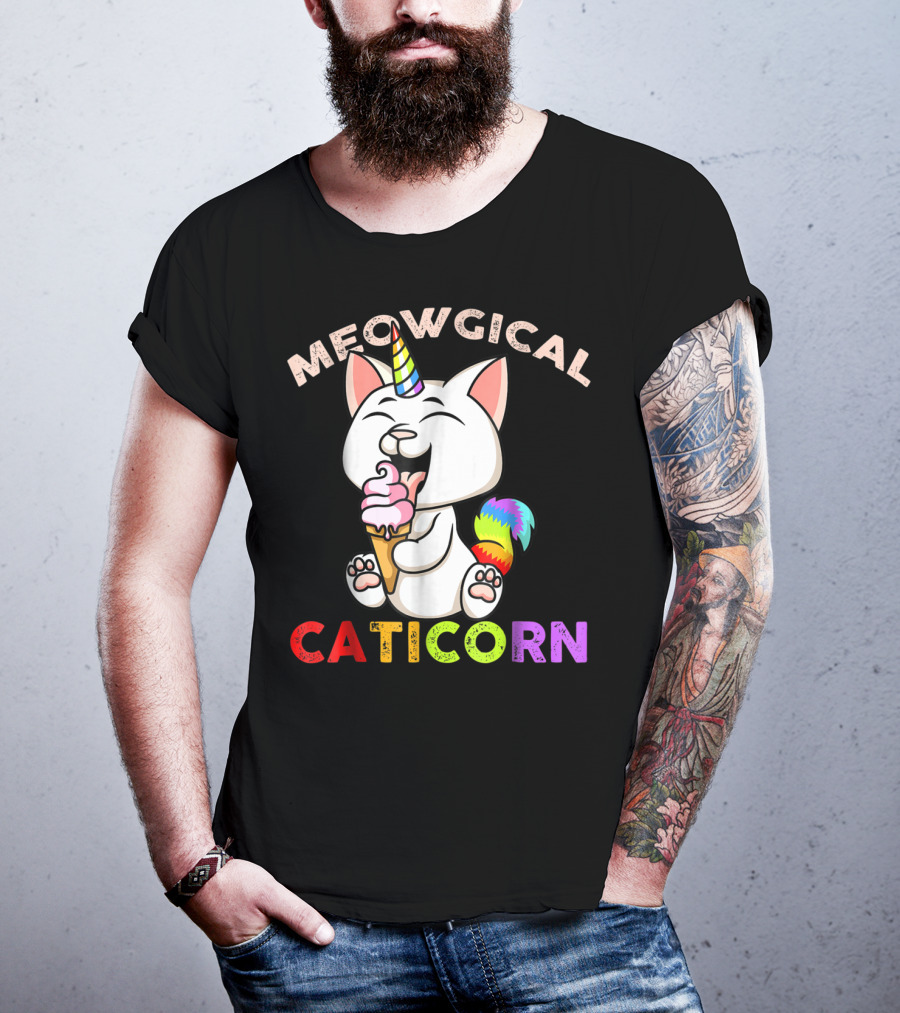 Meowgical Caticorn Rainbow Cat Unicorn Eating Ice Cream Cone T-Shirt
