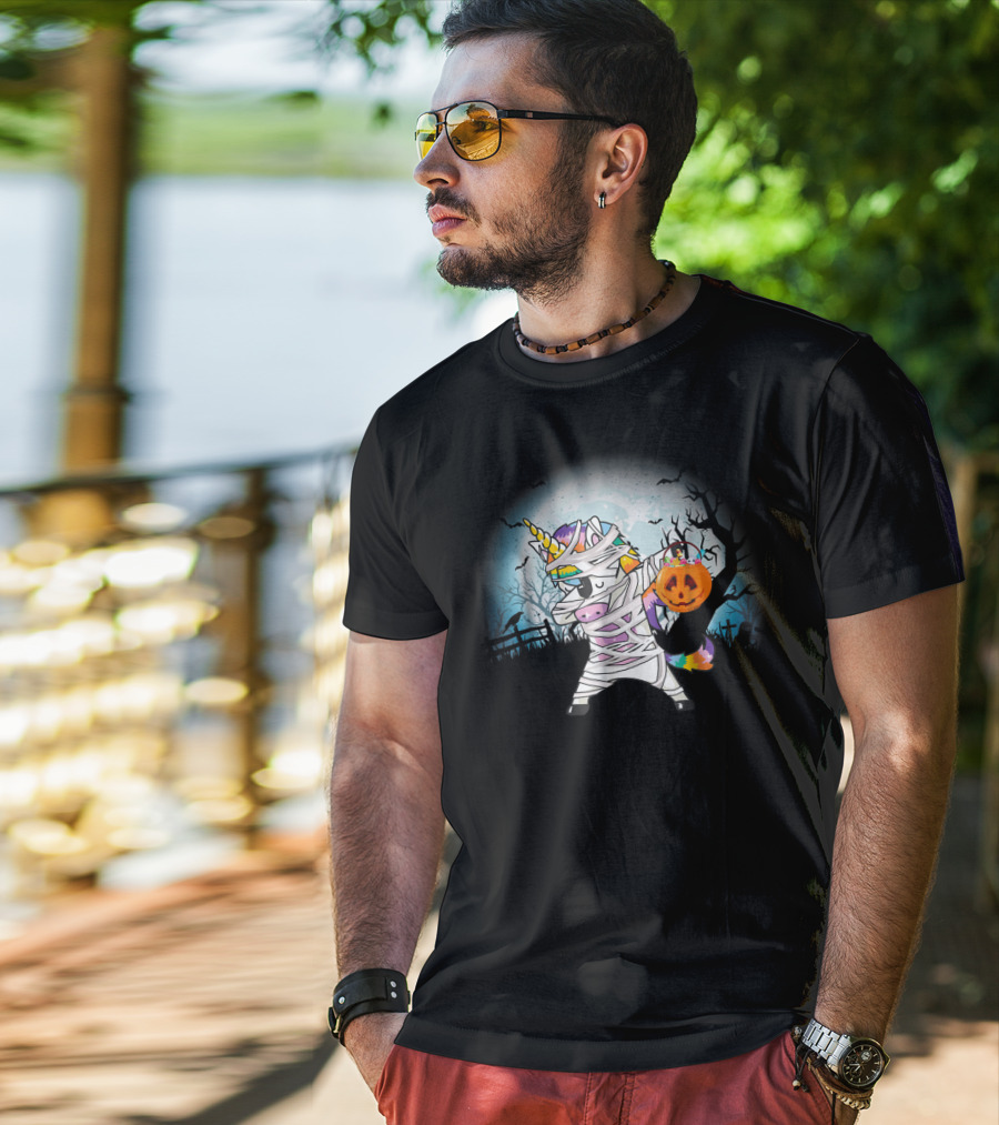 Halloween Mummy Unicorn Dabbing With Pumpkin Basket T-Shirt