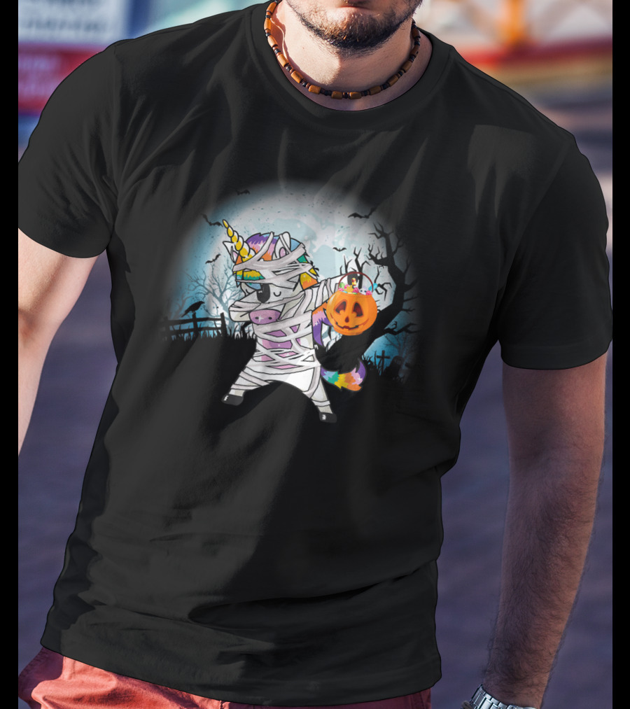 Halloween Mummy Unicorn Dabbing With Pumpkin Basket T-Shirt