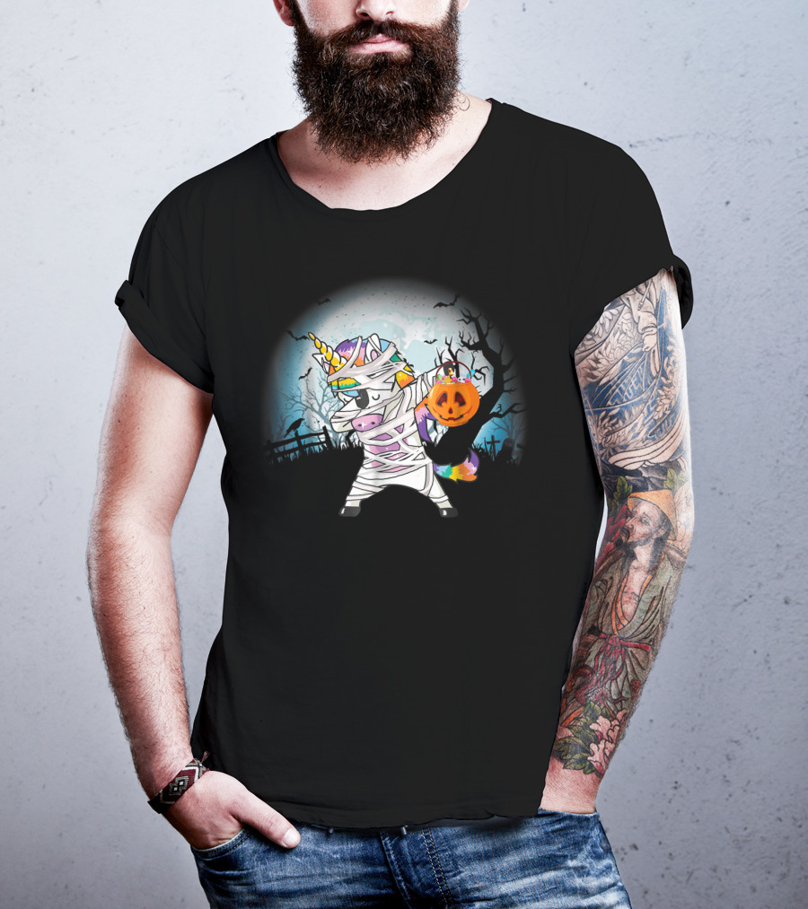 Halloween Mummy Unicorn Dabbing With Pumpkin Basket T-Shirt