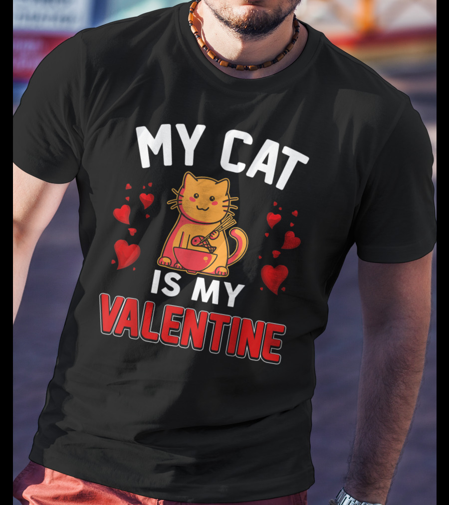 My Cat Is My Valentine Hearts And Cat Eating Noodles T-Shirt