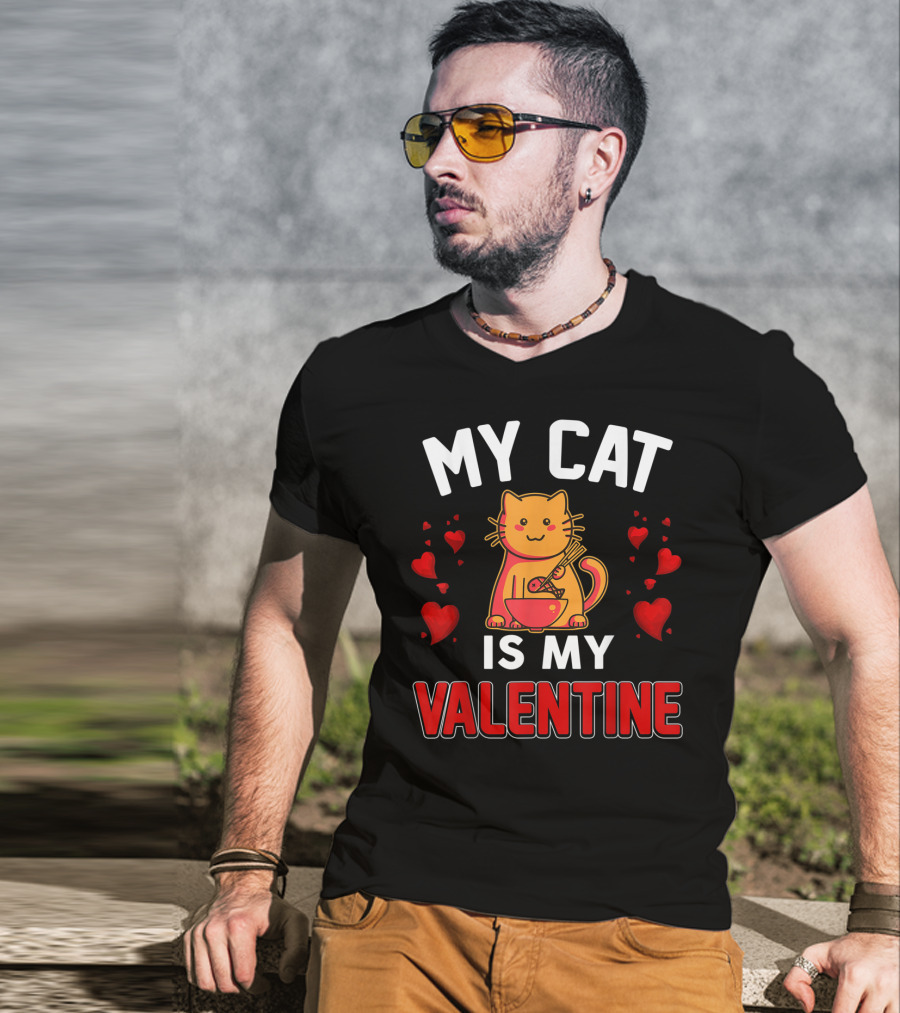 My Cat Is My Valentine Hearts And Cat Eating Noodles T-Shirt