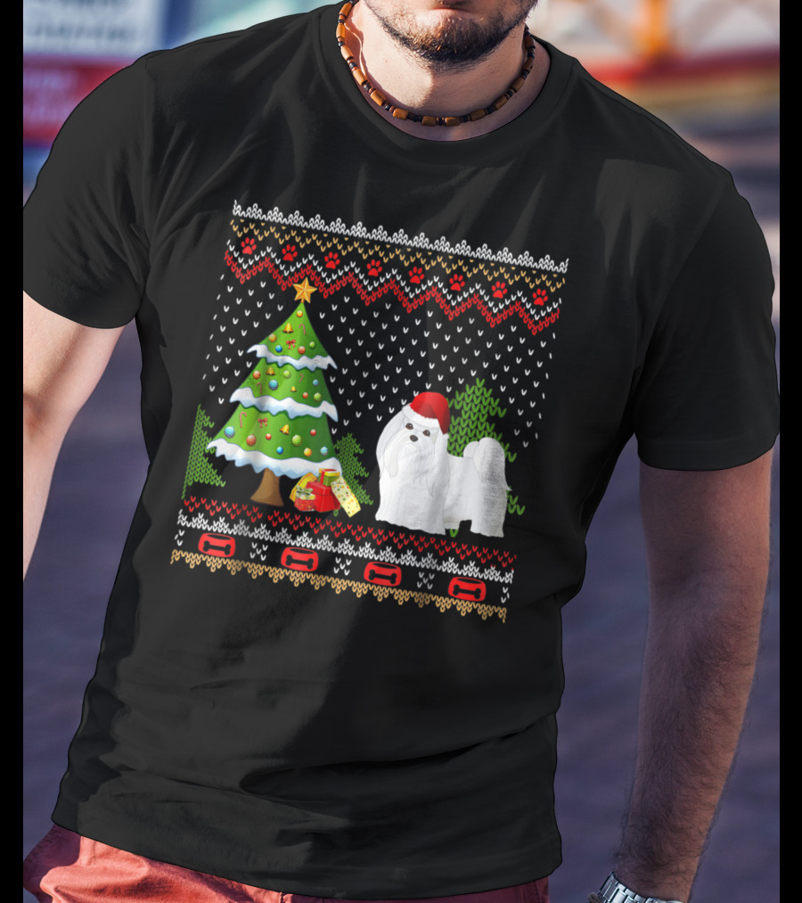 Maltese Santa Christmas UglyDog With Festive Tree And Gifts T-Shirt