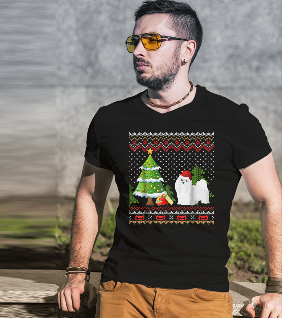 Maltese Santa Christmas UglyDog With Festive Tree And Gifts T-Shirt