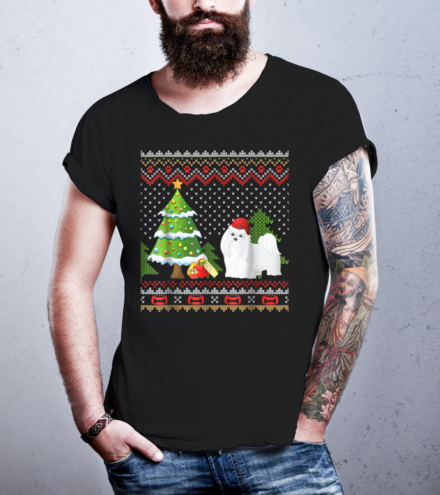 Maltese Santa Christmas UglyDog With Festive Tree And Gifts T-Shirt