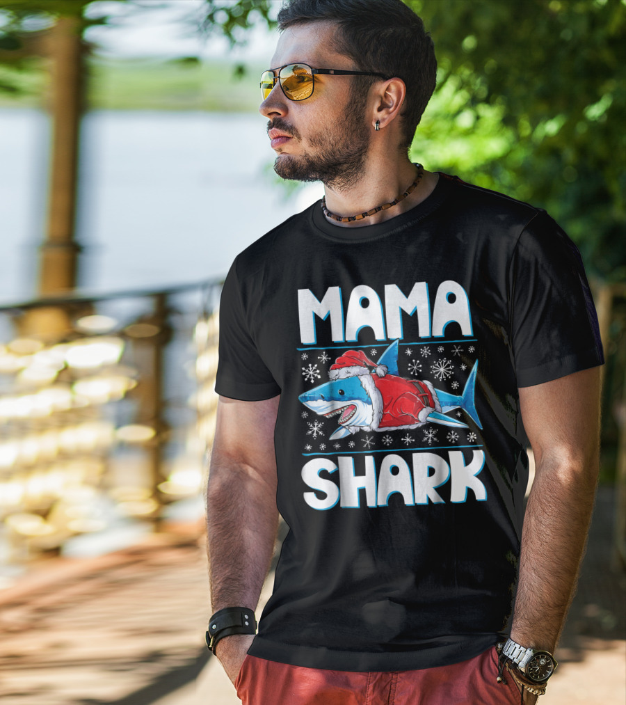 Mama Shark Santa Festive Snowflakes T-Shirt