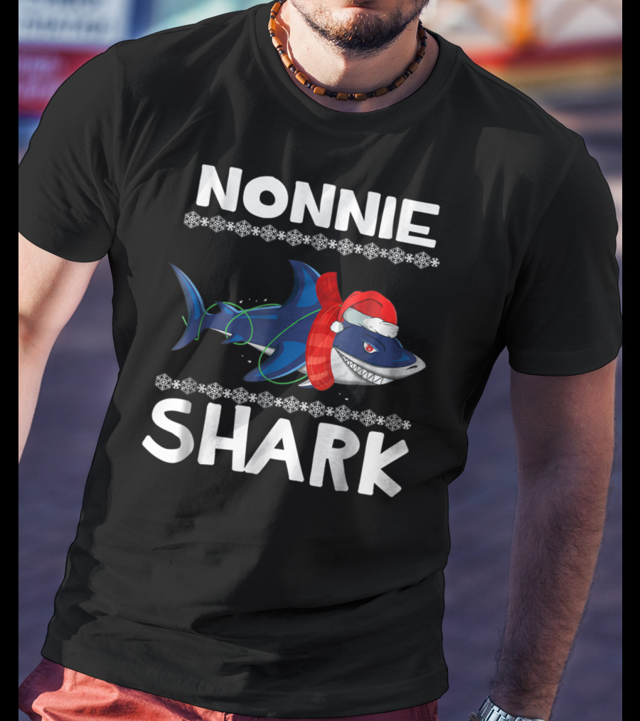 Nonnie Shark Christmas Family With Santa Hat And Scarf T-Shirt