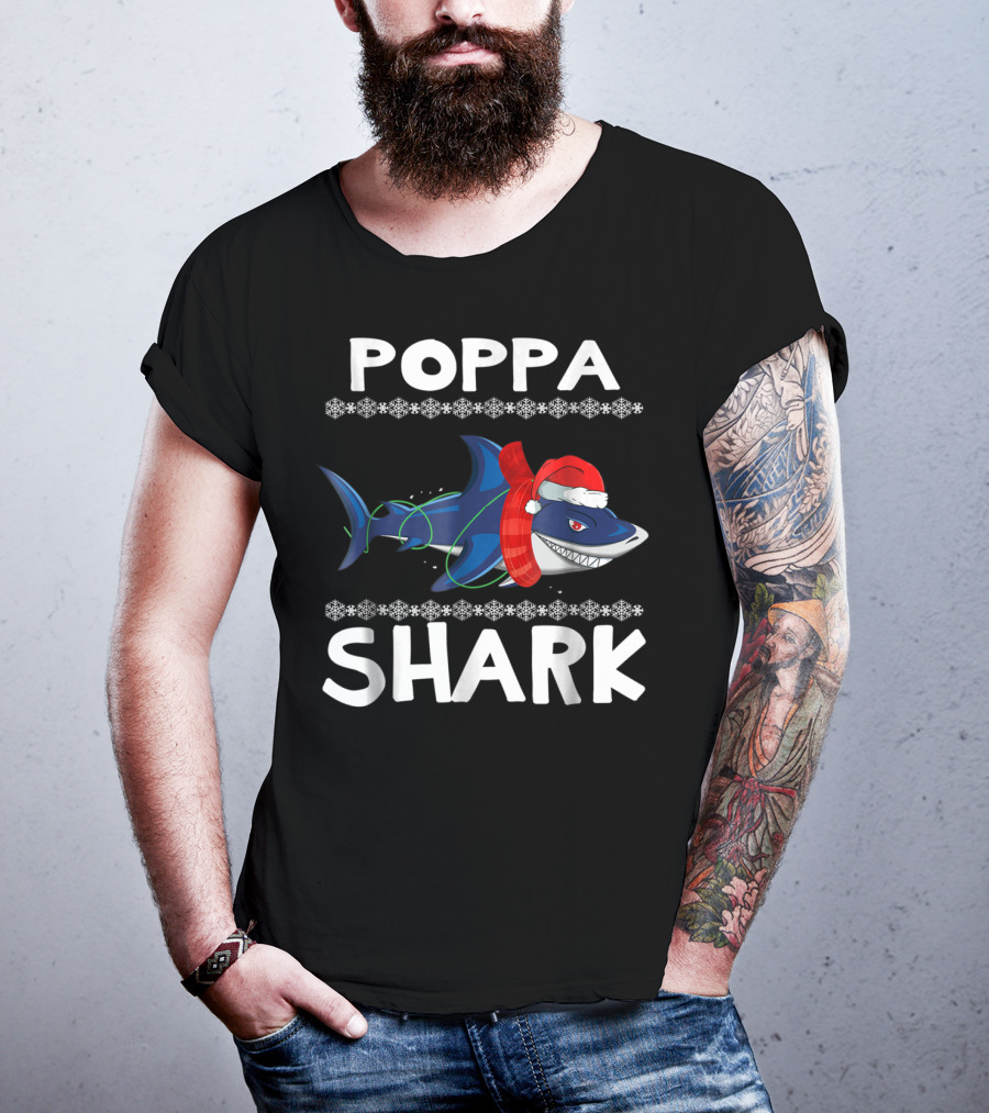 Poppa Shark Ugly Christmas Family Santa Hat Snowflakes T-Shirt