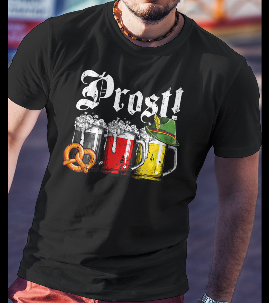 Prost Beer German Flag Oktoberfest With Pretzel And Bavarian Hat T-Shirt