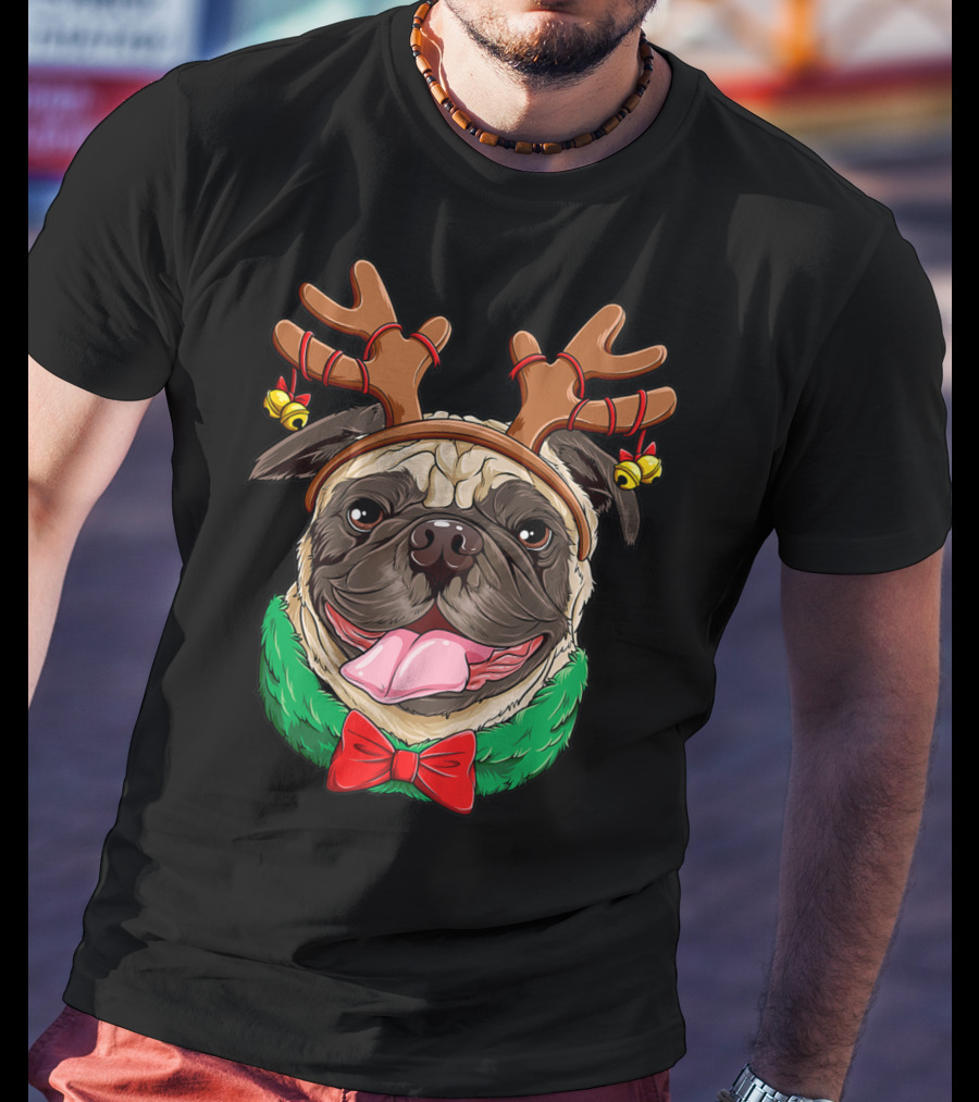 Pug Christmas Reindeer Antlers Dog Xmas Girls S6 Holiday Bow Wrapping Bells T-Shirt