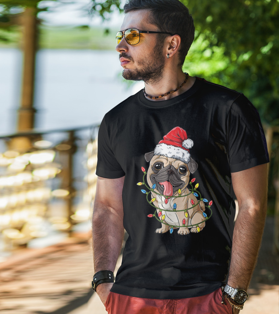 Pug Wearing Santa Hat Wrapped In Xmas Lights For Christmas T-Shirt