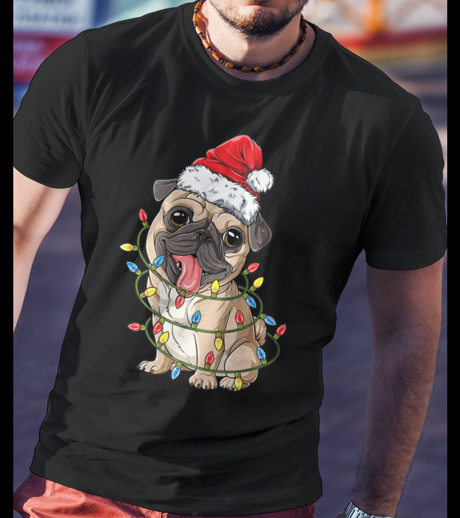 Pug Wearing Santa Hat Wrapped In Xmas Lights For Christmas T-Shirt