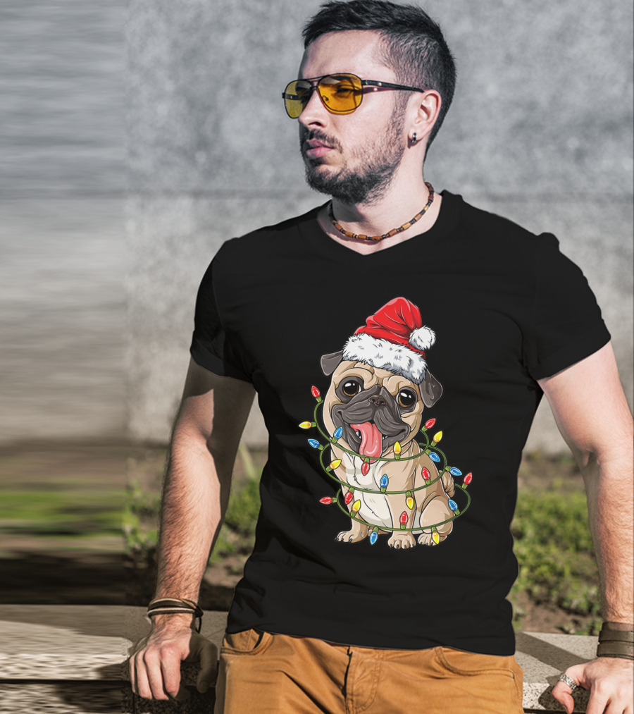 Pug Wearing Santa Hat Wrapped In Xmas Lights For Christmas T-Shirt