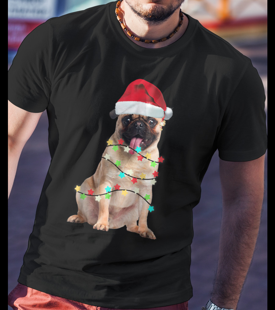 Pug Santa Christmas Light Wrapping Festive Holiday Hat T-Shirt