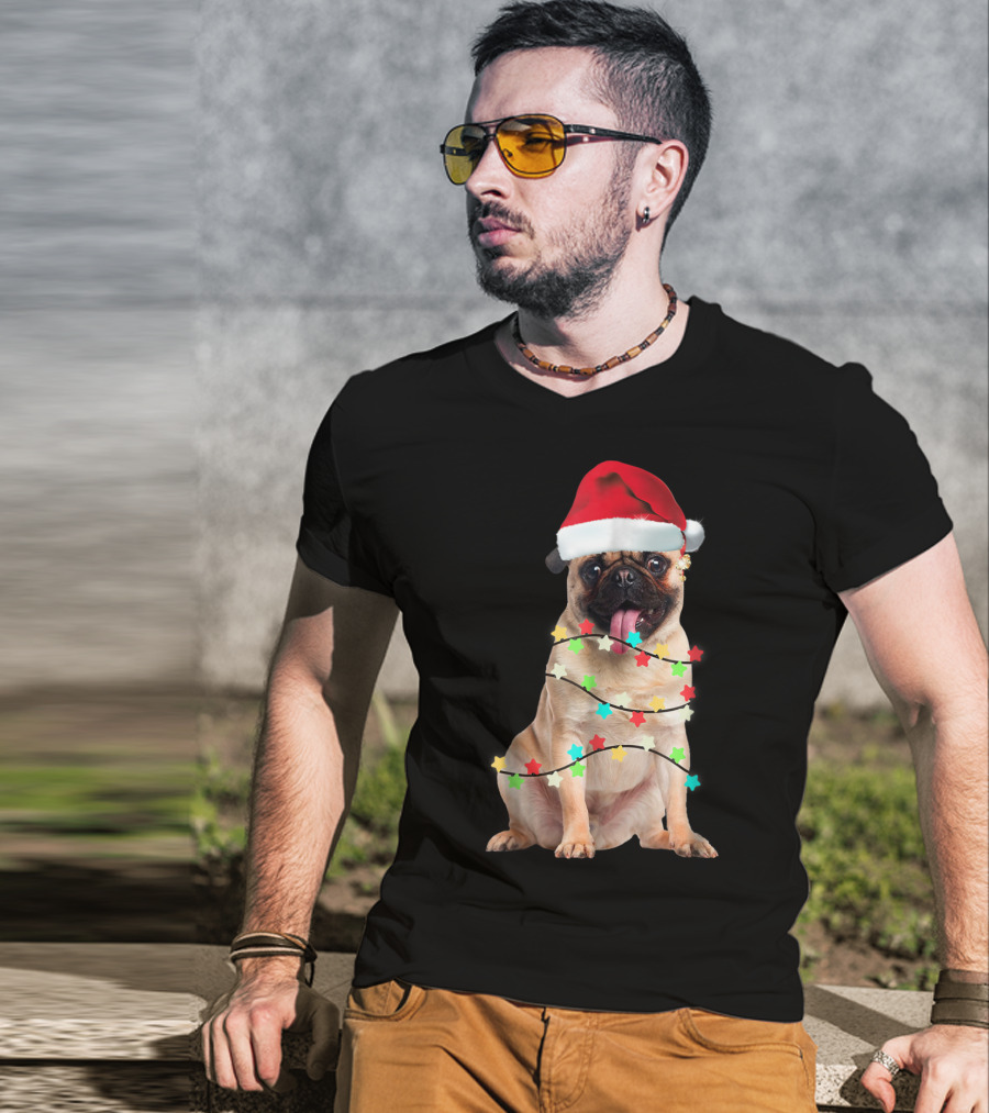 Pug Santa Christmas Light Wrapping Festive Holiday Hat T-Shirt