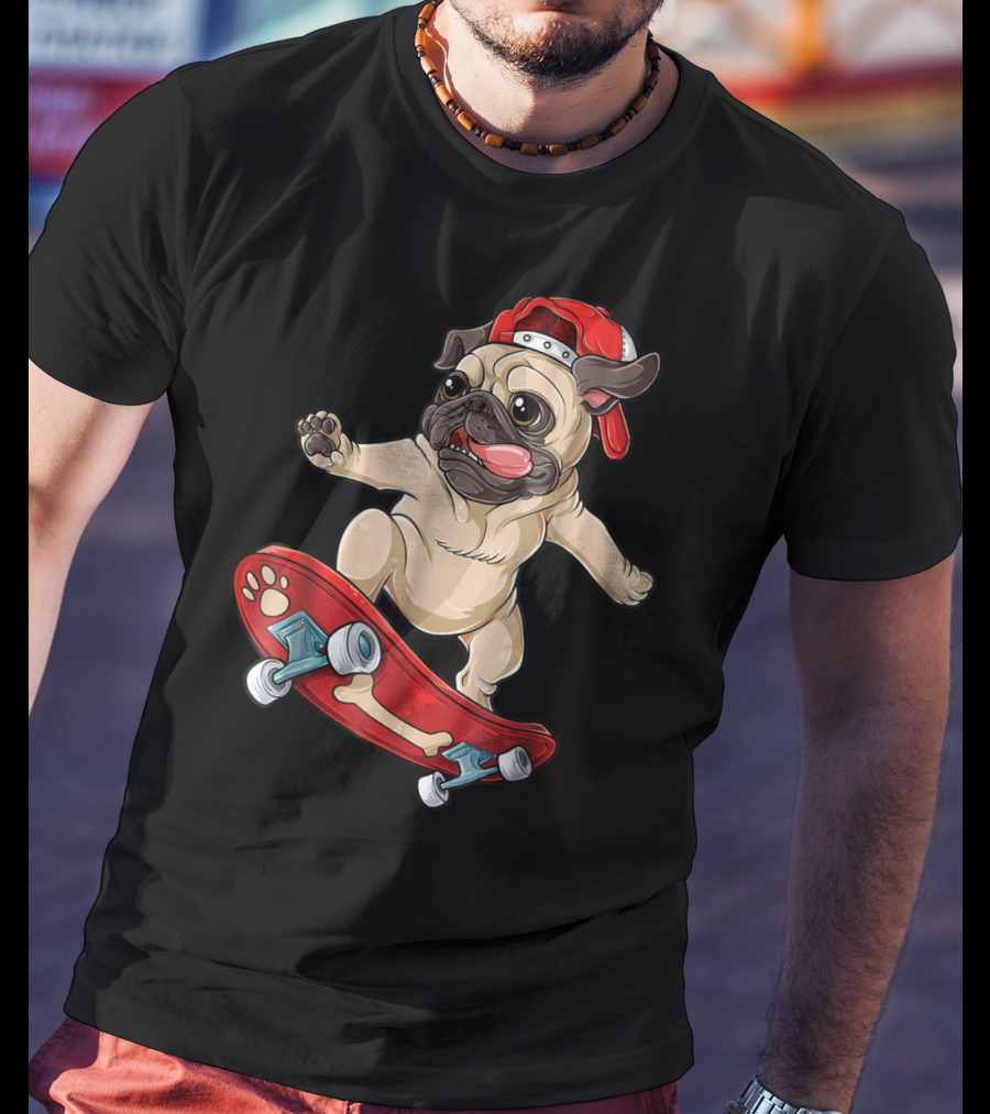 Pug Puppy Skater With Red Hat And Paw Print Skateboard T-Shirt