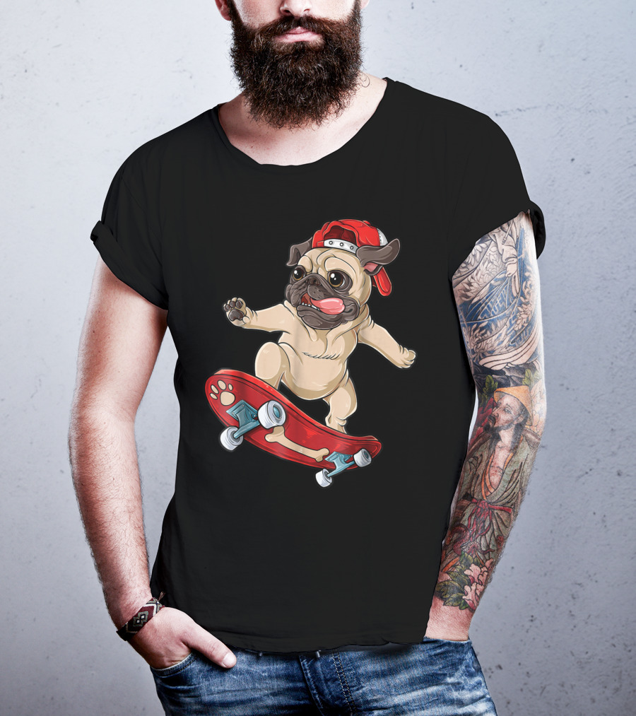 Pug Puppy Skater With Red Hat And Paw Print Skateboard T-Shirt