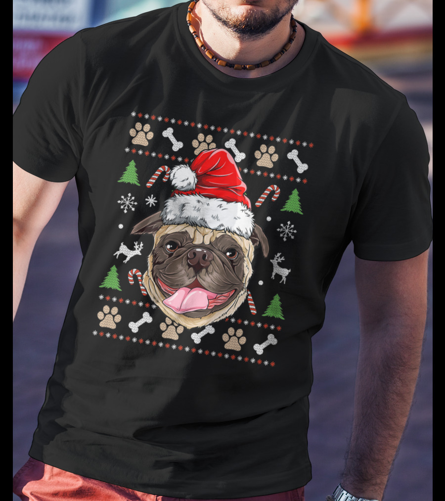 Pugmas Santa Hat Ugly Christmas Pug With Paw Prints And Candy Canes T-Shirt