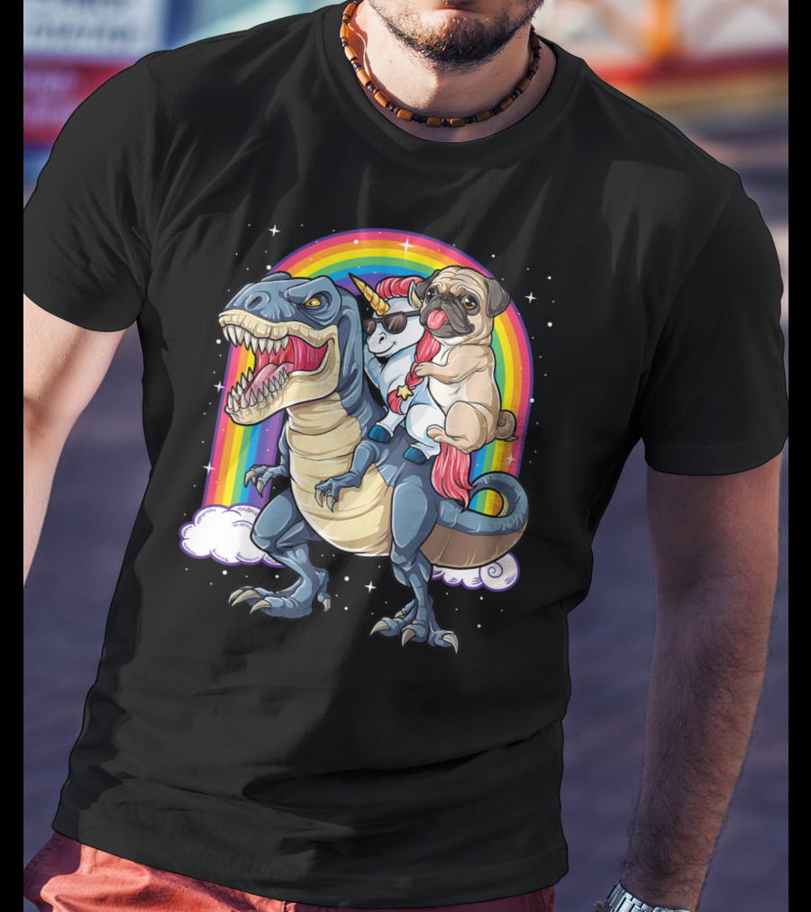 Pug Riding Unicorn Riding Dinosaur Under Rainbow T-Shirt